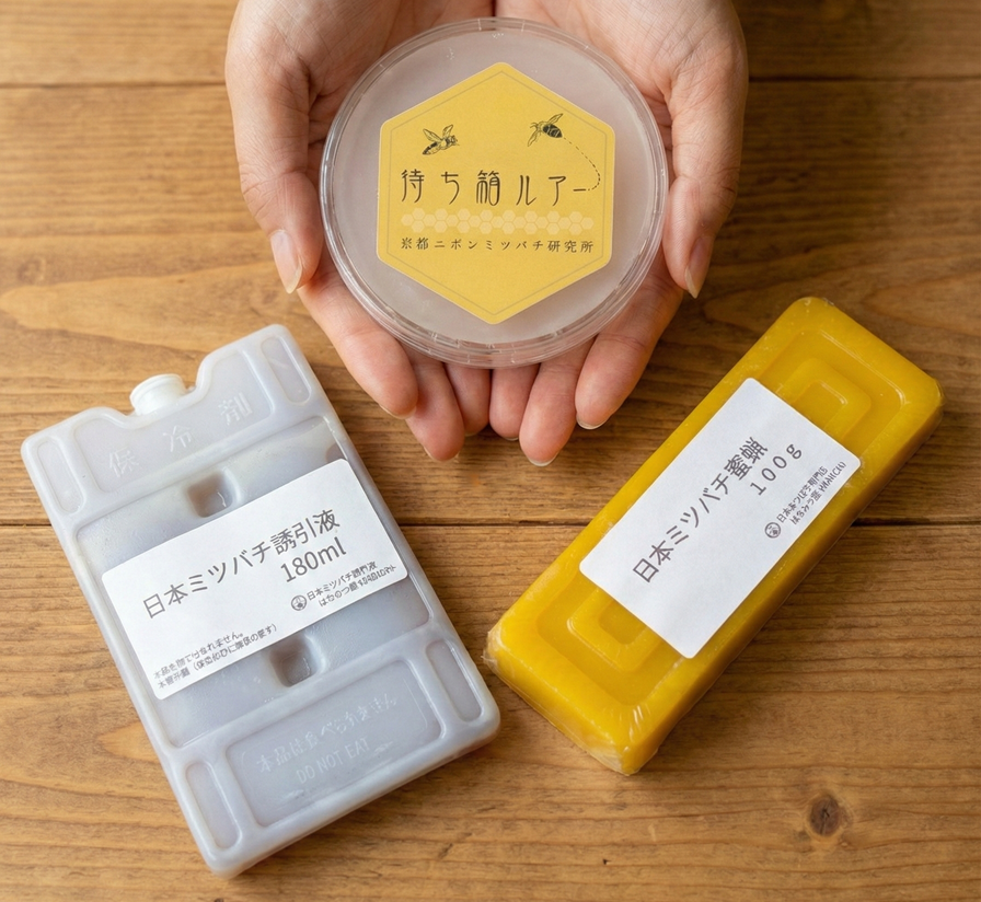 【誘引３種の神器】日本みつばち誘引フルセット～「待ち箱ルアー＆日本ミツバチの蜜蝋＆誘引液」(※税込み・送料込み)